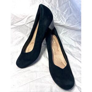 Clarks Ladies Flores Tulip Suede Leather Wedge Heel Pumps Black Size 8W NWOT